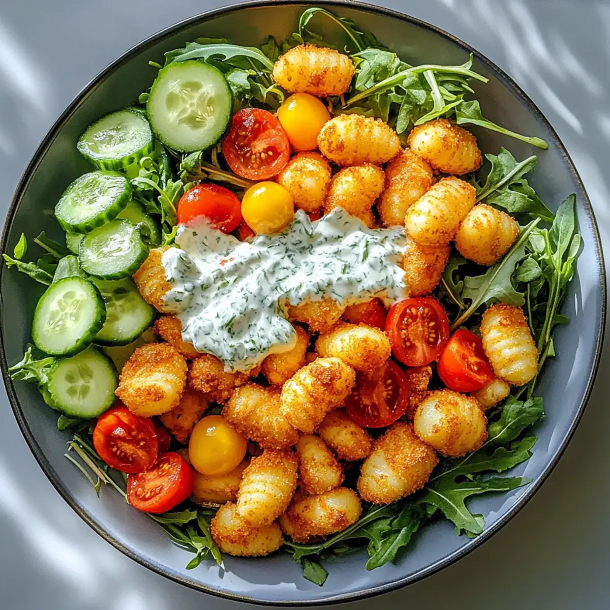 Knuspriger Gnocchi Salat mit Joghurt Dressing genieAen dl3r0t
